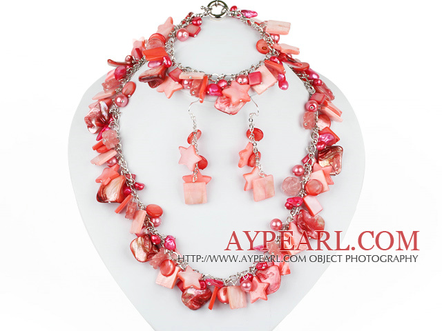 Hot Pink Series Hot Pink Pearl Shell und Cherry Quartz Set (Halskette Armband und Ohrringe Matched)