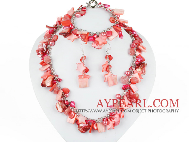 Hot Pink Series Hot Pink Pearl Shell and Cherry Quartz Set ( Necklace Bracelet and Matched Earrings )