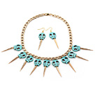 Punk Style Skull Shape Green Turquoise Set with Golden Color Metal Chain