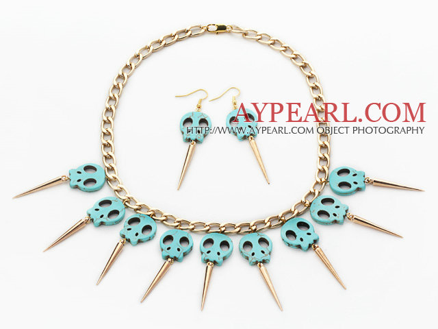 Punk Style Skull Shape Green Turquoise Set with Golden Color Metal Chain