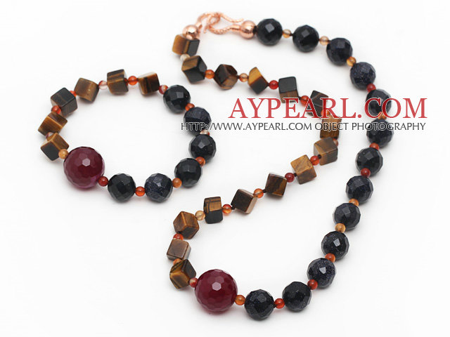 Assorted Faceted Blue Sandstone and Tiger Eye and Black Agate Set ( Necklace and Matched Bracelet )