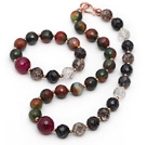 Wholesale Assorted Faceted Malachite and Agate and Black Tiger Eye and Clear Crystal Set ( Necklace and Matched Bracelet )