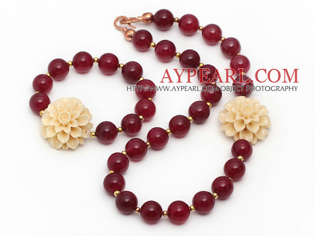 Hot Rose Series Round Hot Rose Agate and Resin Flower Set ( Necklace and Matched Bracelet )