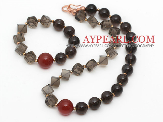 Brown Series Assorted Smoky Quartz and Carnelian Set ( Necklace and Matched Bracelet )