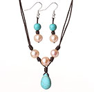 Cute Simple Design Pink Freshwater Pearl and Turquoise Leather Jewelry Set (Necklace with Matched Earrings)