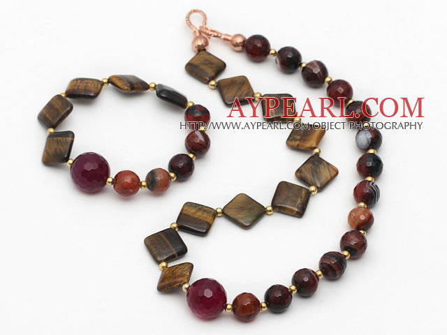 Brunt Serie Tiger Eye och Stripe Agate set (Halsband och matchade Armband)