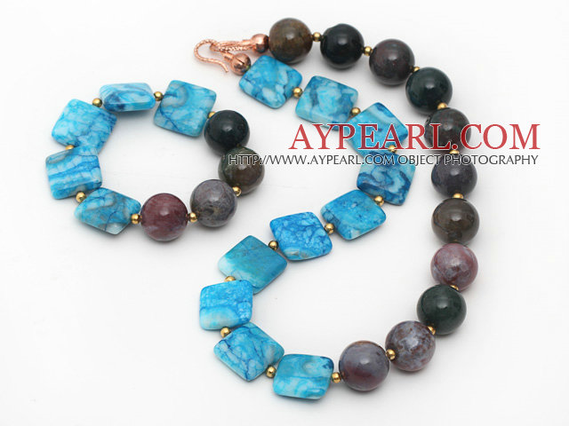 Assorted Square Shape Blue Agate and Round Indian Agate Set ( Necklace and Matched Bracelet )