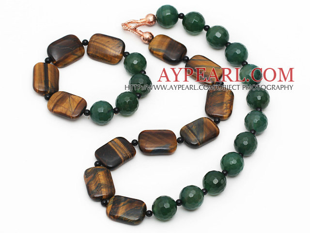 Assortert Round Fasettert Grønn Agate og Tiger Eye og svart Agate Set (halskjede og matchet armbånd)