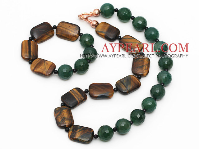 Assortiment ronde à facettes agate verte et oeil de tigre et agate noire Set (Collier et bracelet assorti)