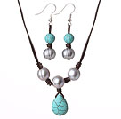 Cute Simple Design Grey Freshwater Pearl and Turquoise Leather Jewelry Set (Necklace with Matched Earrings)