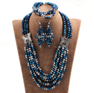 Glamorous 5 Layers Dark Blue Gray Crystal Beads African Wedding Jewelry Set With Butterfly Accessory (Necklace With Mathced Bracelet And Earrings)