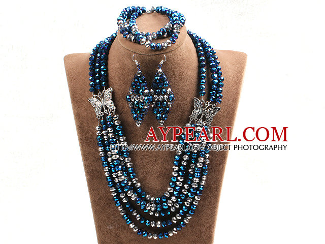 Glamorous 5 lager Mörkblå Grå kristall pärlor afrikansk bröllop smycken set med fjäril tillbehör (halsband med Mathced armband och örhängen)