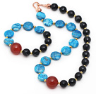 Assorti Bleu Agate Agate et Black Stripe Set (Collier et bracelet assorti)