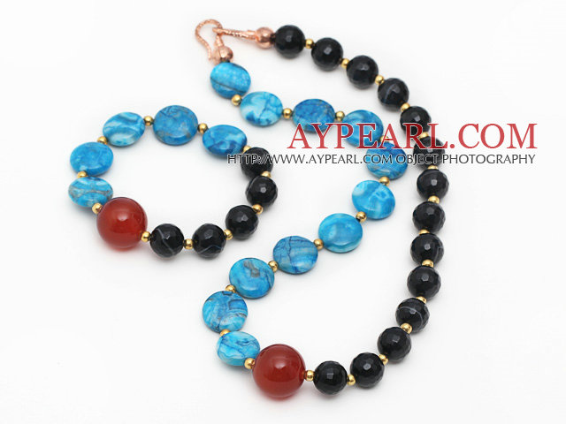 Assorti Bleu Agate Agate et Black Stripe Set (Collier et bracelet assorti)