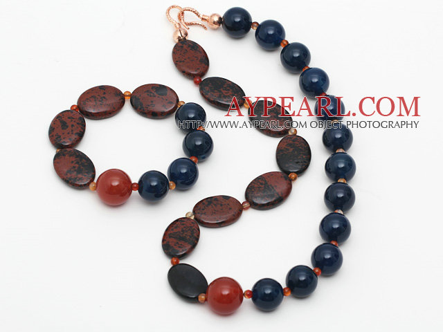 Assorti Bleu Agate et couleur d'or Swan Pierre Set (Collier et bracelet matached)