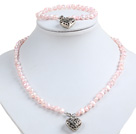 Classic Simple Design Potato Shape Cute Pink Pearl Necklace & Bracelet Set With Heart Charm