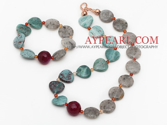 Green and Gray Series Dragon Blood Stone and Clouds Crystal and Agate Set ( Necklace and Matched Bracelet )