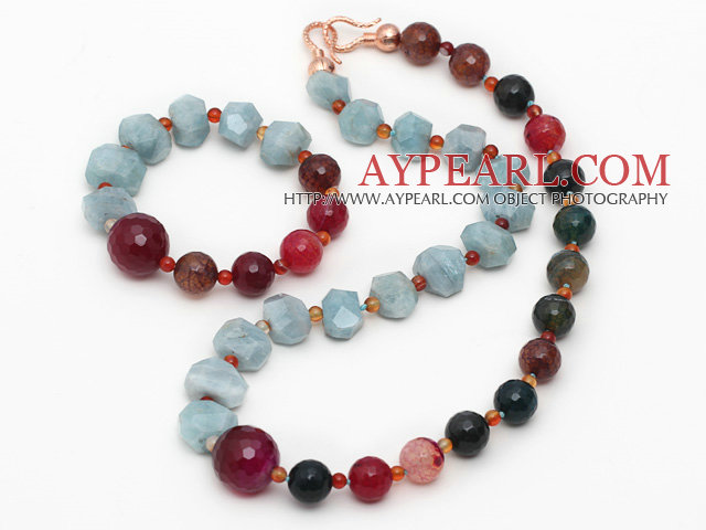 Incidence Angle Aquamarine and Faceted Candy Agate Set ( Necklace and Matched Bracelet )