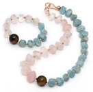 Incidence Angle Rose Quartz and Tiger Eye and Aquamarine Set ( Necklace and Matched Bracelet )