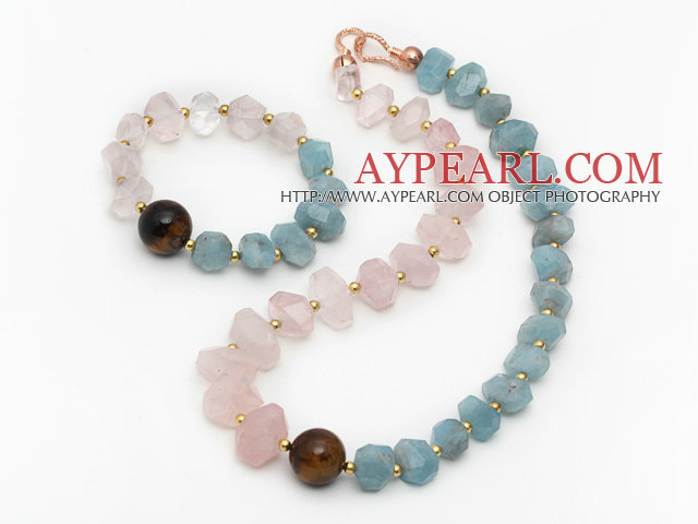 Incidence Angle Rose Quartz and Tiger Eye and Aquamarine Set ( Necklace and Matched Bracelet )
