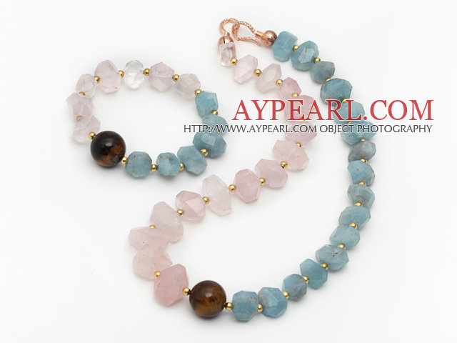 Einfallswinkel Rosenquarz und Tigerauge und Aquamarine Set (Halskette und Armband Matched)