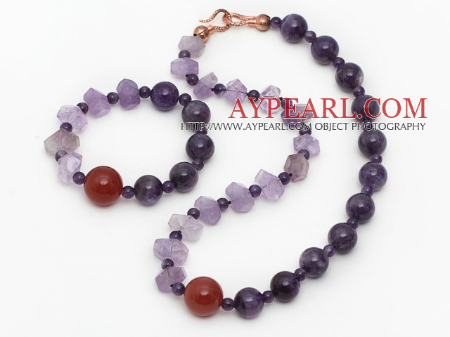 Purple Series Incidence Angle Amethyst and Carnelian Set ( Necklace and Matched Bracelet )