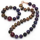 Assortert Tiger Eye og Purple Agate Set (halskjede og matchet armbånd)