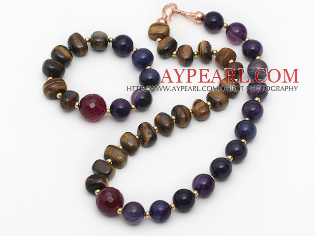 Assorted Tiger Eye and Purple Agate Set ( Necklace and Matched Bracelet )