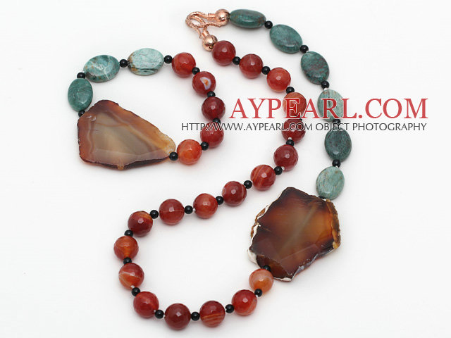 Green Dragon Blood Stone and Faceted Carnelian and Agate Slice Set ( Necklace and Matched Bracelet )