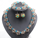 Wholesale Fancy Style Blue Tan Colored Crystal Flower Jewelry Set (Necklace With Mathced Bracelet And Earrings)