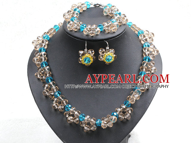Fancy Style Blue Tan Colored Crystal Flower Jewelry Set (Necklace With Mathced Bracelet And Earrings)