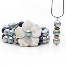 Gray Series Faceted Seashell and Shell Flower Set ( Pendant Necklace and Matched Bracelet )