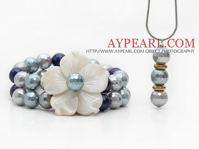 Gray Series Faceted Seashell and Shell Flower Set ( Pendant Necklace and Matched Bracelet )