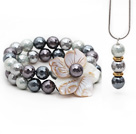 Gray and White Faceted Seashell and Shell Flower Set ( Pendant Necklace and Matched Bracelet )