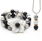 Gray and Black and White Faceted Seashell and Shell Flower Set ( Pendant Necklace and Matched Bracelet )