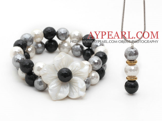 Gray and Black and White Faceted Seashell and Shell Flower Set ( Pendant Necklace and Matched Bracelet )
