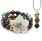 Multi Color Faceted Seashell and Shell Flower Set ( Pendant Necklace and Matched Bracelet )