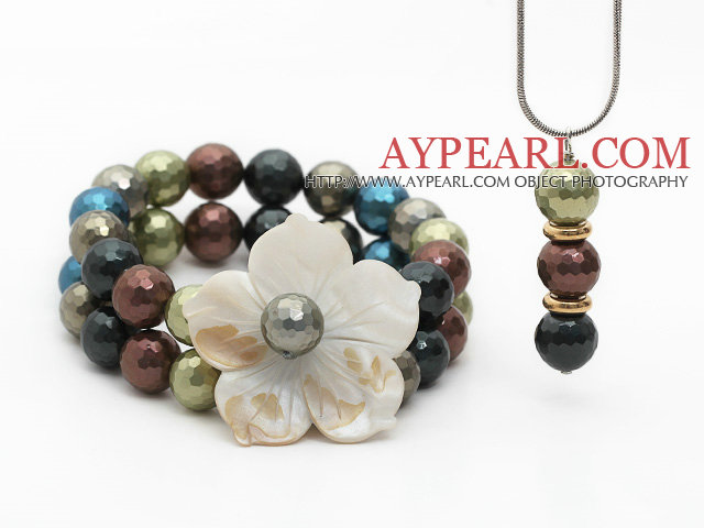 Multi Color Faceted Seashell and Shell Flower Set ( Pendant Necklace and Matched Bracelet )