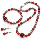 Gray Freshwater Pearl and A Grade Carnelian Set ( Necklace Bracelet and Matched Earrings )