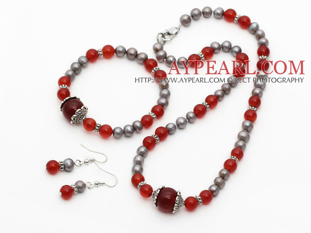 Gray Freshwater Pearl and A Grade Carnelian Set ( Necklace Bracelet and Matched Earrings )