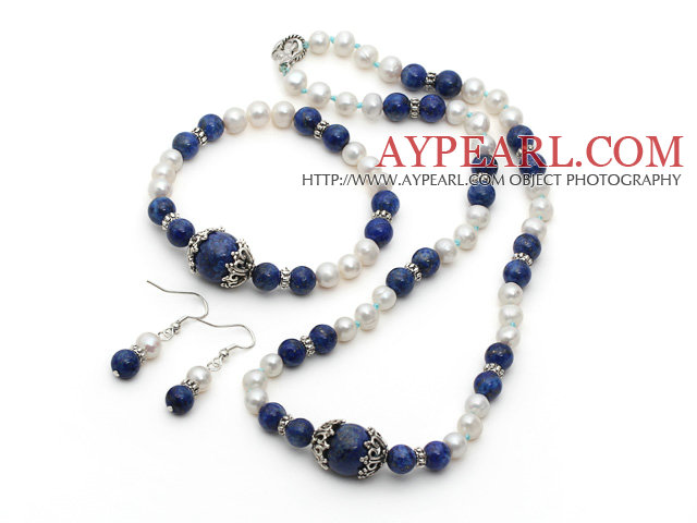 Blanc perle d'eau douce et Lapis Set (Bracelet Collier et boucles d'oreilles assorties)