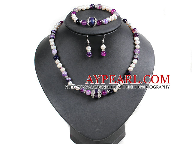 Белый жемчуг пресноводных и фиолетовый агат Set (браслет и ожерелье Согласованные серьги)