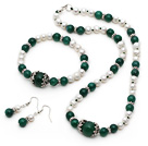 White Freshwater Pearl and Green Agate Set ( Necklace Bracelet and Matched Earrings )