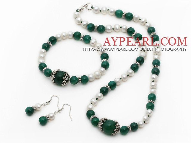 Alb de apă dulce Pearl și verde Set Agate (colier bratara si cercei potrivire)