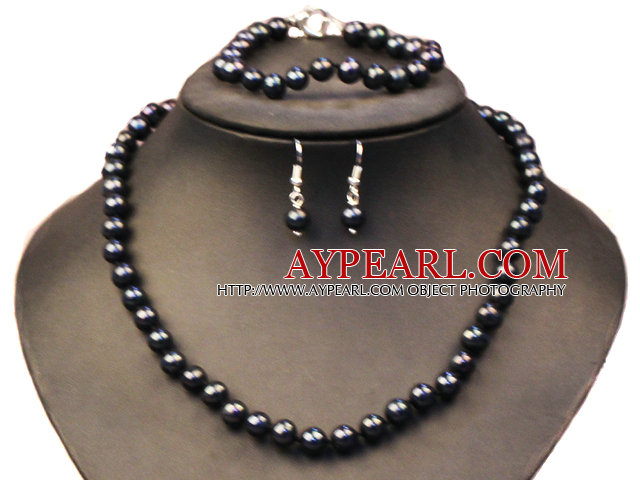Изящные Матери Подарочные 8-9мм Natural Black Pearl пресной воды комплект ювелирных изделий (ожерелья, браслета и серег)