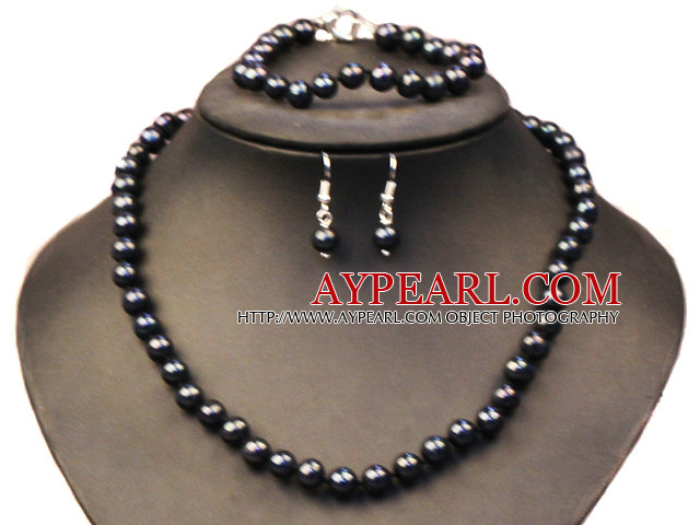 Graceful Mother Gift 8-9mm Natural Black Freshwater Pearl Jewelry Set (Necklace, Bracelet & Earrings)