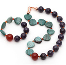 Wholesale Amethyst and Carnelian and Heart Shape Green Dragon Blood Stone Set ( Necklace and Matched Bracelet )