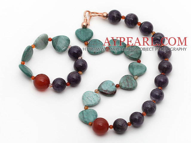 Amethyst and Carnelian and Heart Shape Green Dragon Blood Stone Set ( Necklace and Matched Bracelet )