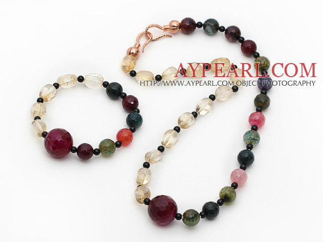 Assortert Citrin og Black Agate og Pink Agate Set (halskjede og matchet armbånd)