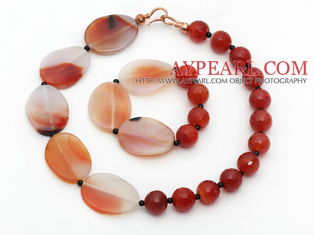 Round Carlian og Crazy Agate Stone Set (halskjede og matchet armbånd)